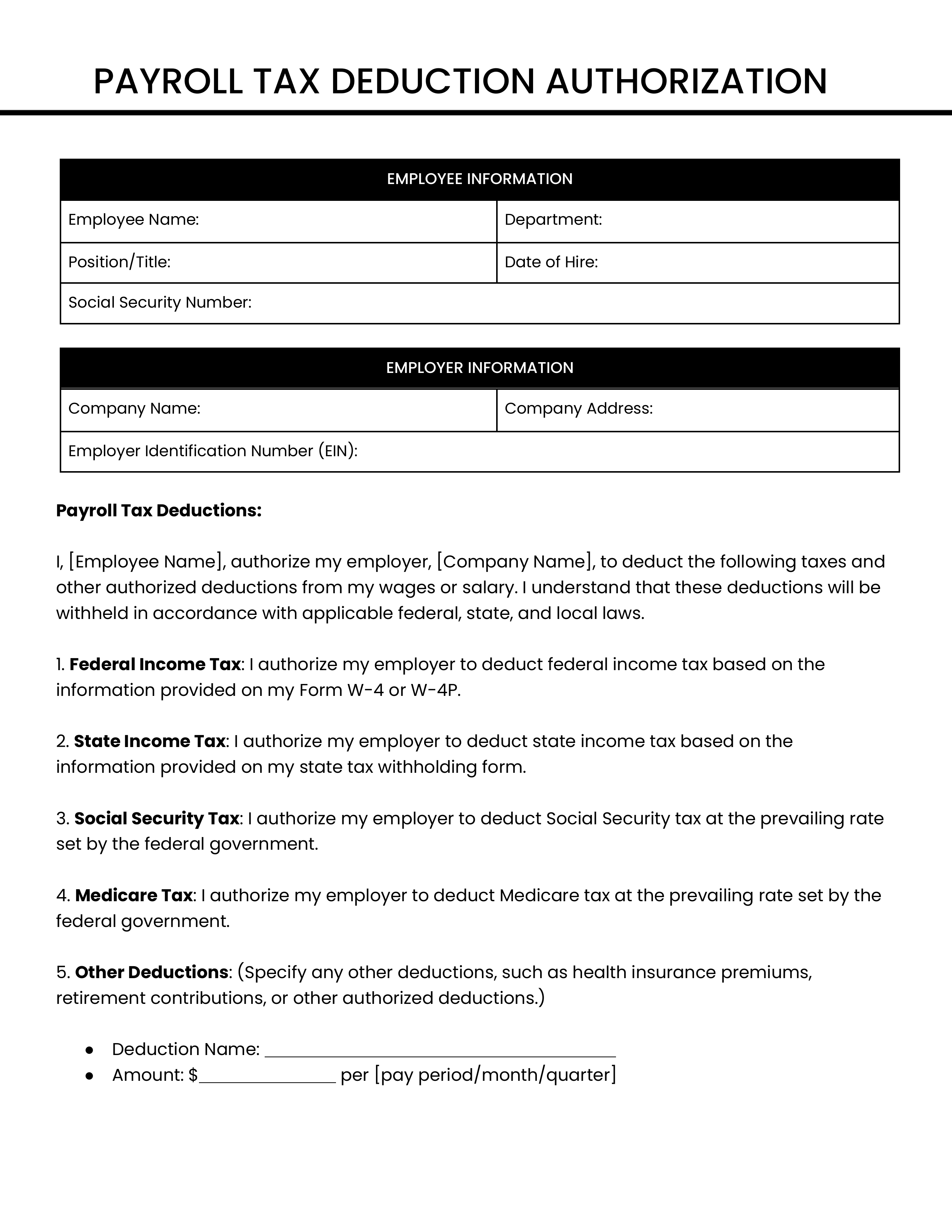 Payroll Tax Deduction Authorization Form